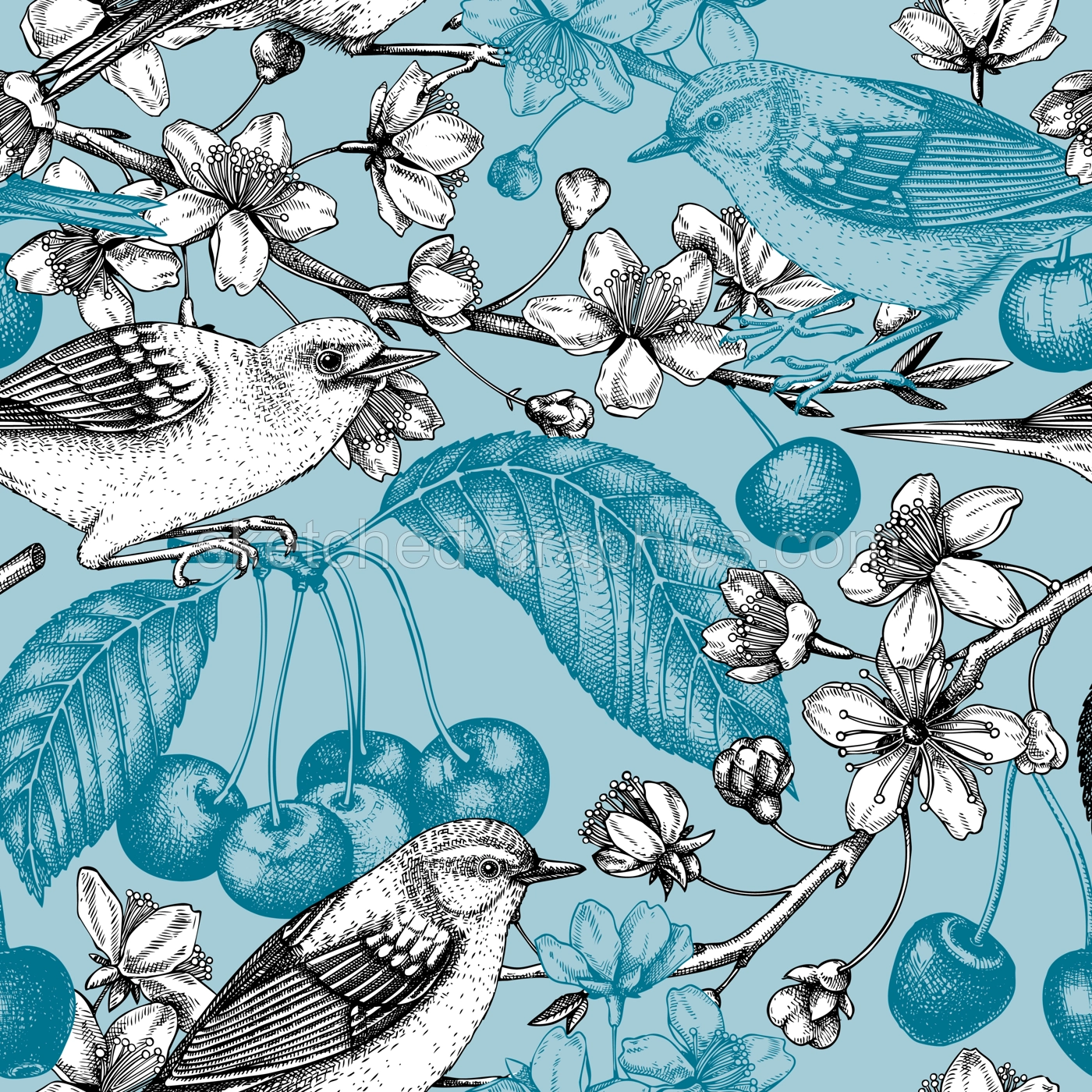 Cherry blossom branch seamless pattern. Vintage spring background with birds vector drawing. Blooming tree in sketch style, sakura with flowers, berries, leaves. Yellow warbler spring background  Illustration